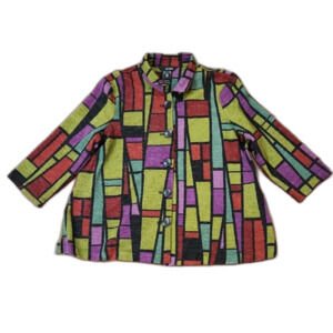 Ali Miles Artsy Multicolor Geometric 3/4 Sleeve Lightweight Blazer, Size LP